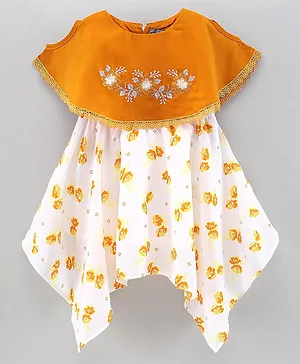 Enfance Core Half Sleeves Floral Printed & Embroidered Asymmetrical Dress  - Mustard Yellow