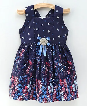 Enfance Core Sleeveless Floral Printed & Applique Dress  - Blue