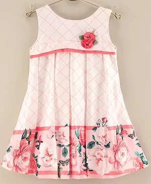 Enfance Core Sleeveless Flower & Checks Printed Pleated Dress - Peach