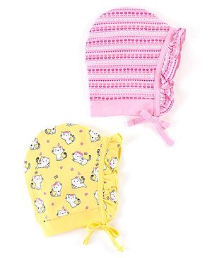 Babyhug 100% Cotton Cap Kitty & Floral Print Pack Of 2 Pink & Yellow - Diameter 14.5