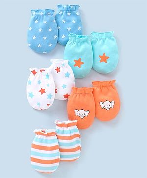 Babyhug 100% Cotton Star Print Mittens Pack of 5 - White Orange & Blue