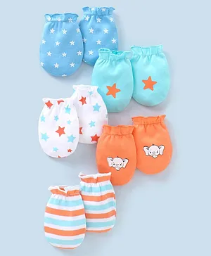 Babyhug 100% Cotton Star Print Mittens Pack of 5 - White Orange & Blue