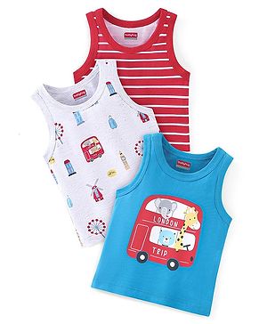 Babyhug 100% Cotton Sleeveless Sando Bus & Wild Animals Print Pack of 3 - Red Blue & Grey