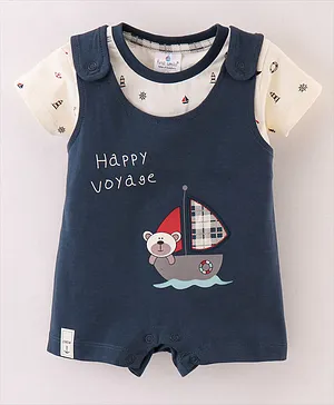 First Smile Interlock Knit Half Sleeves Tee & Dungaree Set Anchor & Boat Print- Blue