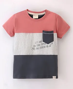 Ollypop Sinker Half Sleeves Cut & Sew Design T-Shirt - Salmon Pink Grey & Navy