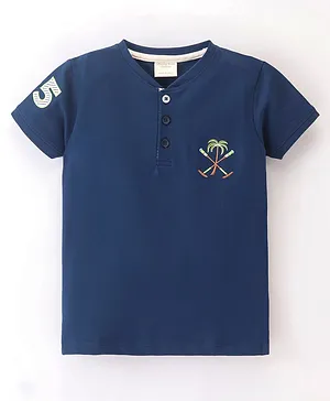 Ollypop Cotton Knit Half Sleeves T-Shirt with Tree Embroidery - Navy Blue