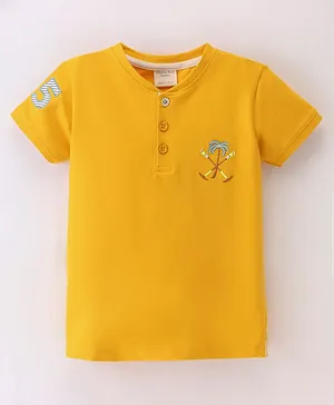 Ollypop Cotton Knit Half Sleeves T-Shirt with Tree Embroidery - Tropical Yellow