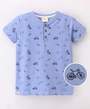 Ollypop Cotton Knit Half Sleeves T-Shirt with Bicycle Print - Iceberg Blue