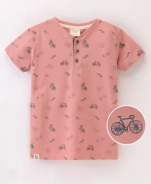Ollypop Cotton Knit Half Sleeves T-Shirt with Bicycle Print - Lotus Pink
