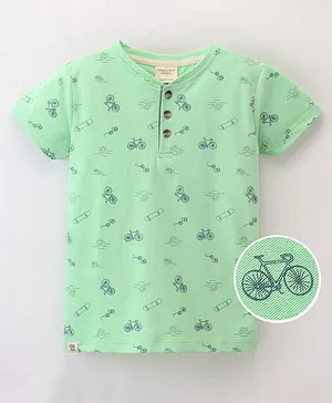 Ollypop Cotton Knit Half Sleeves T-Shirt with Bicycle Print - Paris Green