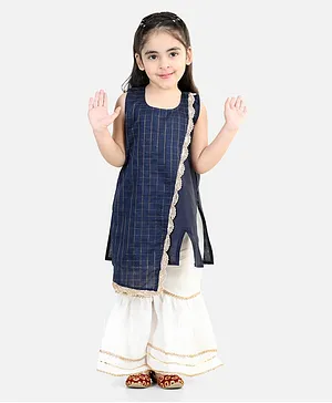Kinder Kids Sleeveless Shiny Checks Kurta With Lace Detailed Sharara & Dupatta - Blue