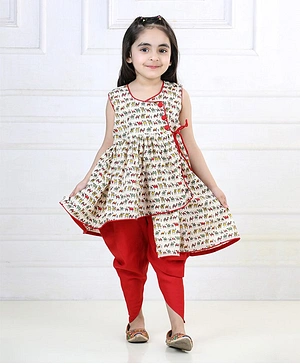 Kinder Kids Sleeveless All Over Camel Printed Angrakha Style Asymmetrical Kurta With Dhoti - Red