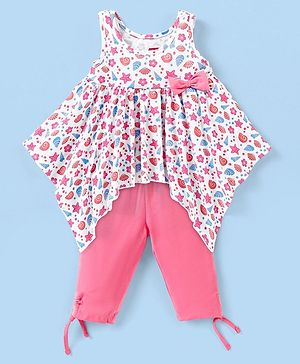 Babyhug 100% Cotton Sleeveless Top & Capri Set Shells Print - White & Pink