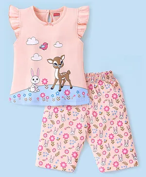 Babyhug Cotton Knit Short Sleeves Night Suit Deer Print - Peach