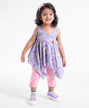 Babyhug 100% Cotton Sleeveless Top & Capri Set Floral Print- Purple & Pink