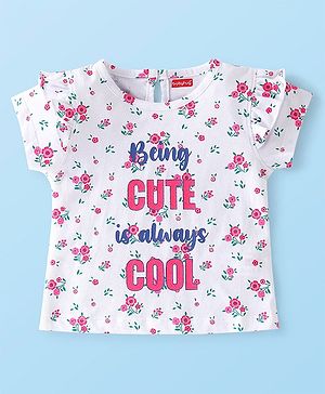 Babyhug 100% Cotton Knit Half Sleeves Floral Graphics & Frill Detailing T-Shirt - White & Pink