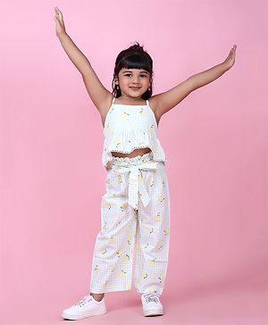 Knitting Doodles Pure Cotton Sleeveless Checks & Lemons Printed Top & Pant - White Light Green