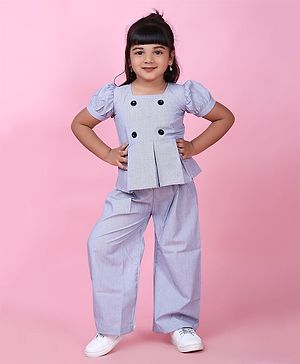 Knitting Doodles Pure Cotton Half Puffed Sleeves Pin Candy Striped Peplum Style  Box Pleated Button Detail Top & Pants Set - Black