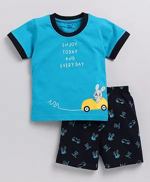 TOONYPORT Half Sleeves Bunny In Car Printed Tee With Car Printed Shorts - Blue