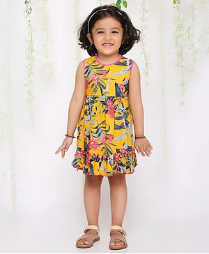 KID1 Sleeveless All Over Tropical Flowers & Leaves Printed Fit & Flare Dress - Yellow
