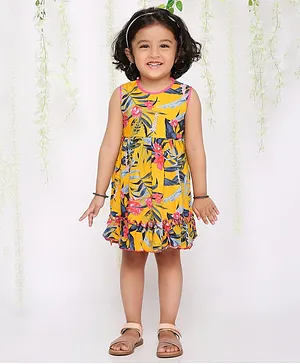 KID1 Sleeveless All Over Tropical Flowers & Leaves Printed Fit & Flare Dress - Yellow