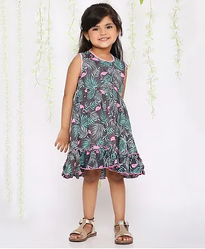 KID1 Sleeveless All Over Tropical Leaves & Flamingos Printed Fit & Flare Ruffled Dress - Green & Grey