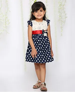KID1 Cap Sleeves Dog & Polka Dot Printed Fit & Flare Bow Embellished Dress - Navy Blue & White