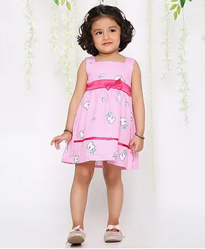 KID1 Sleeveless Railroad Striped & Flower Printed Fit & Flare Bow Embellished Dress - Pink