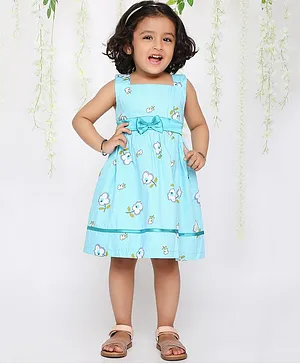 KID1 Sleeveless Railroad Striped & Flower Printed Fit & Flare Bow Embellished Dress  - Sky Blue
