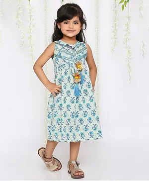 KID1 Sleeveless Jaipuri Flower Motif Zui Block Printed & Tassel Embellished Flared Dress - Blue
