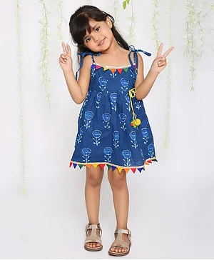 KID1 Sleeveless Flower Motif Printed & Lace Embellished Fit & Flare Shoulder Tie Up Dress - Indigo Blue