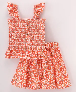 Twetoons Sleeveless Top & Skirt Set Floral Print- Orange