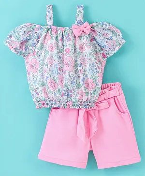 Twetoons Cold Shoulder Sleeves Top & Shorts Set Floral Print- Pink