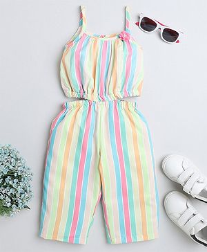 Twetoons Singlet Sleeves Striped Jumpsuit With Floral Applique- Yellow Green & Pink