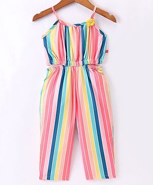 Twetoons Singlet Sleeves Striped Jumpsuit With Floral Applique - Pink