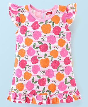 Babyhug Cotton Knit Frill Sleeves Nighty with Fruits Print - Multicolour