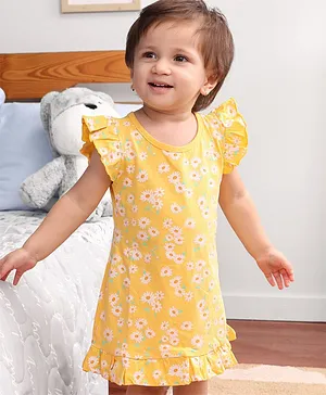 Babyhug Cotton Knit Short Sleeves Nighty Floral Print - Yellow