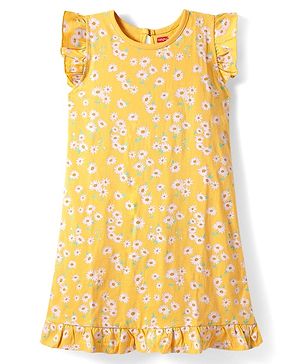 Babyhug Cotton Knit Short Sleeves Nighty Floral Print - Yellow