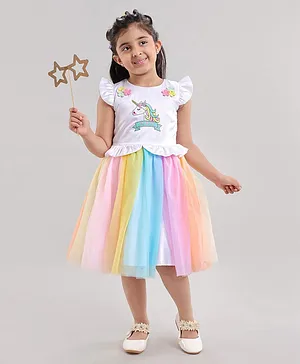 Enfance Cap Sleeves Unicorn Embroidered Party Dress - Multi Colour
