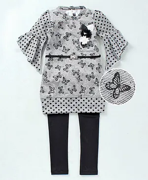 Enfance Three Fourth Sleeves Butterfly Printed Corsage Applique Top With Solid Leggings - Grey Black