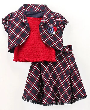 Enfance Puffed Cap Sleeves Checked Flower Applique Jacket With Sleeveless Smocked Top & Coordinating Skirt  - Navy Blue