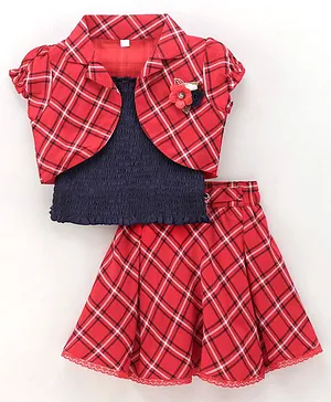 Enfance Puffed Cap Sleeves Checked Flower Applique Jacket With Sleeveless Smocked Top & Coordinating Skirt  - Red