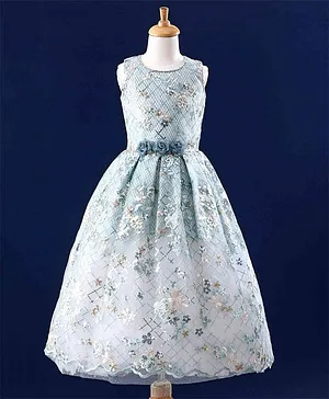 Enfance Sleeveless Embroidered & Floral Applique Embellished Fit & Flare Gown - Green