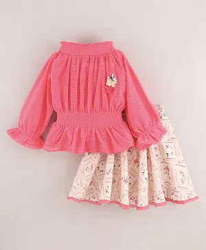 Enfance Off Shoulder Sleeves Flower Embellished Peplum Top With Skirt  - Pink
