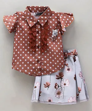 Enfance Cap Sleeves Polka Dots & Floral Printed Corsage Applique Top With Skirt - Brown