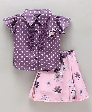 Enfance Cap Sleeves Polka Dots & Floral Printed Corsage Applique Top With Skirt - Purple