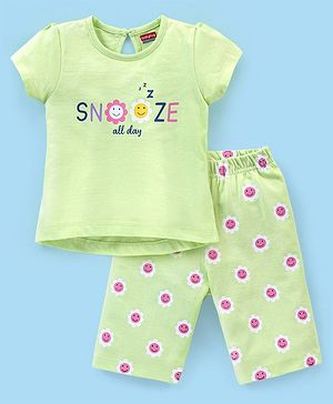 Babyhug Cotton Knit Cap Sleeves Capri Night Suit Snooze Print - Green