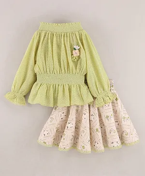 Enfance Off Shoulder Sleeves Flower Embellished Peplum Top With Skirt  - Green