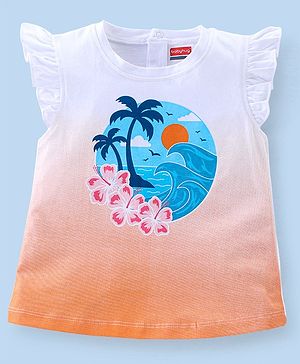 Babyhug 100% Cotton Half Sleeves T-Shirt With Beach Graphics & Frill Detailing - White & Orange