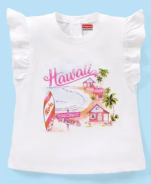 Babyhug Cotton Knit Frill Sleeves Top with Hawaii Graphics Print - White